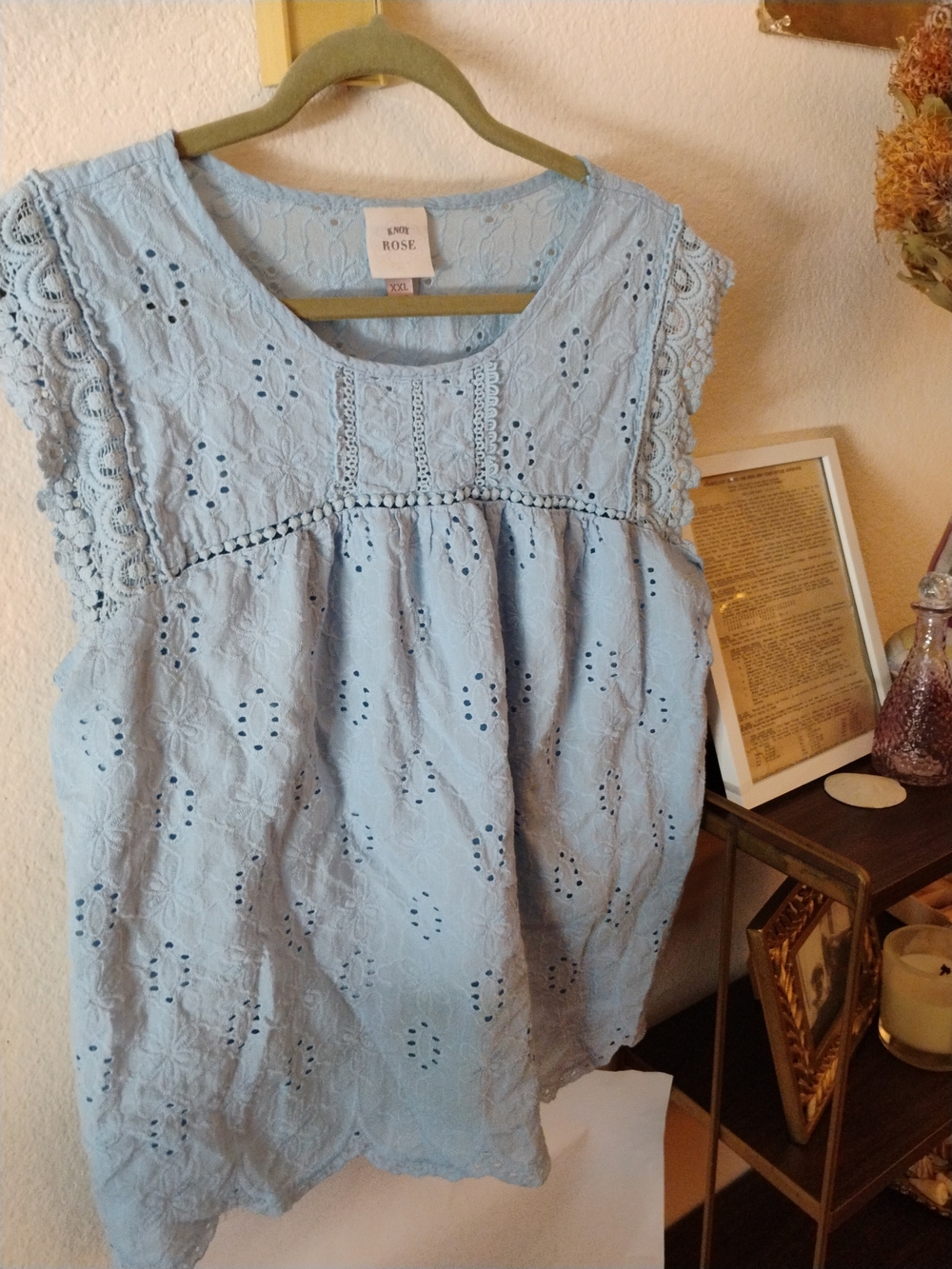 Knox Rose Cotton Eyelet Lace Babydoll Blouse Light Blue Cap Sleeve Plus Size XXL